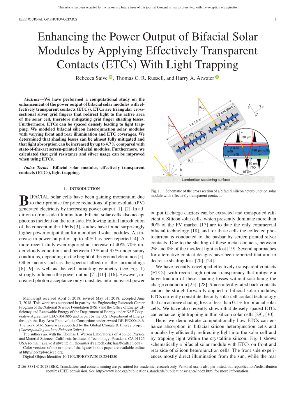 Enhancing the Power Output of Bifacial Solar Modules by Applying Effectively Transparent Contacts (Etcs) with Light Trapping Rebecca Saive , Thomas C