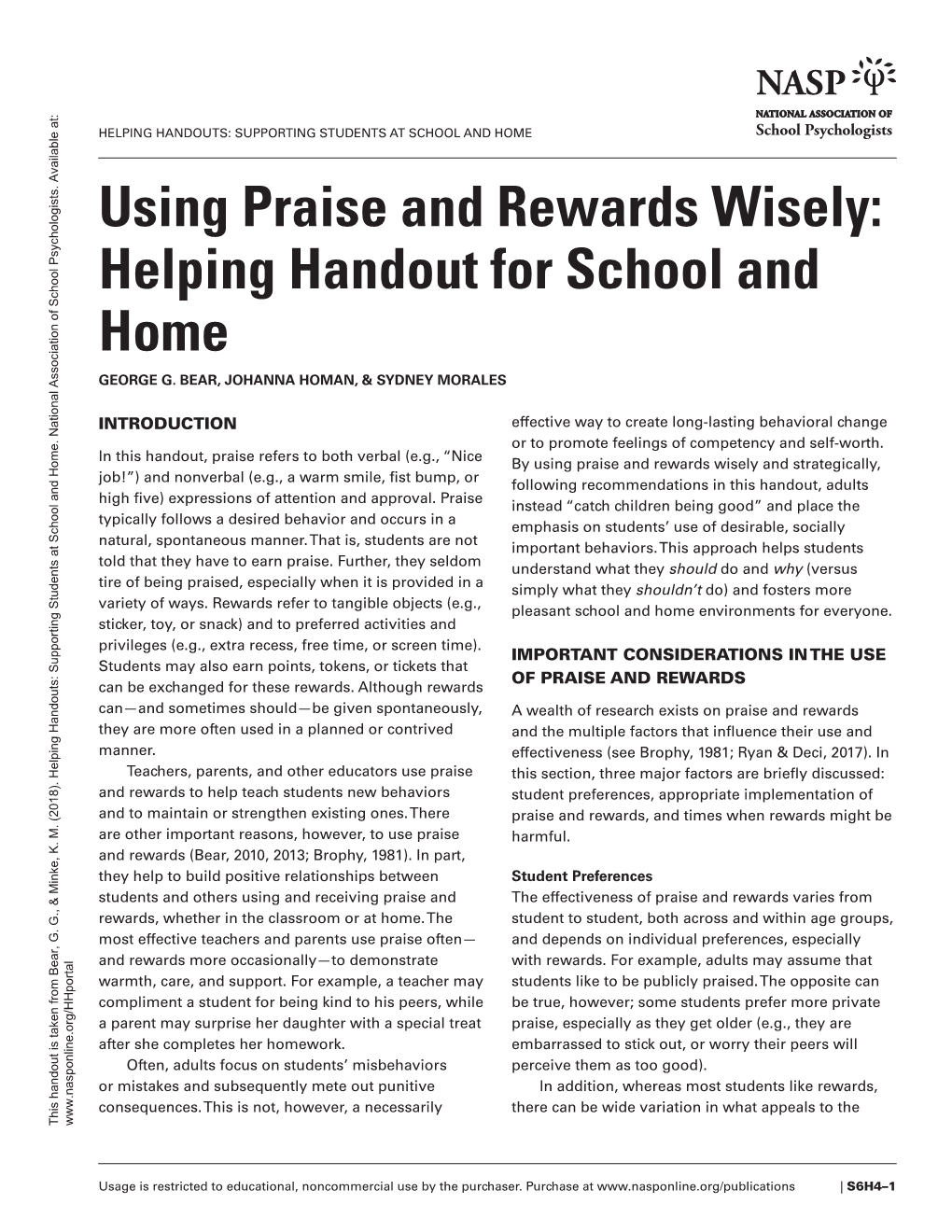 Using Praise and Rewards Wisely: Helping Handout for School and Home GEORGE G