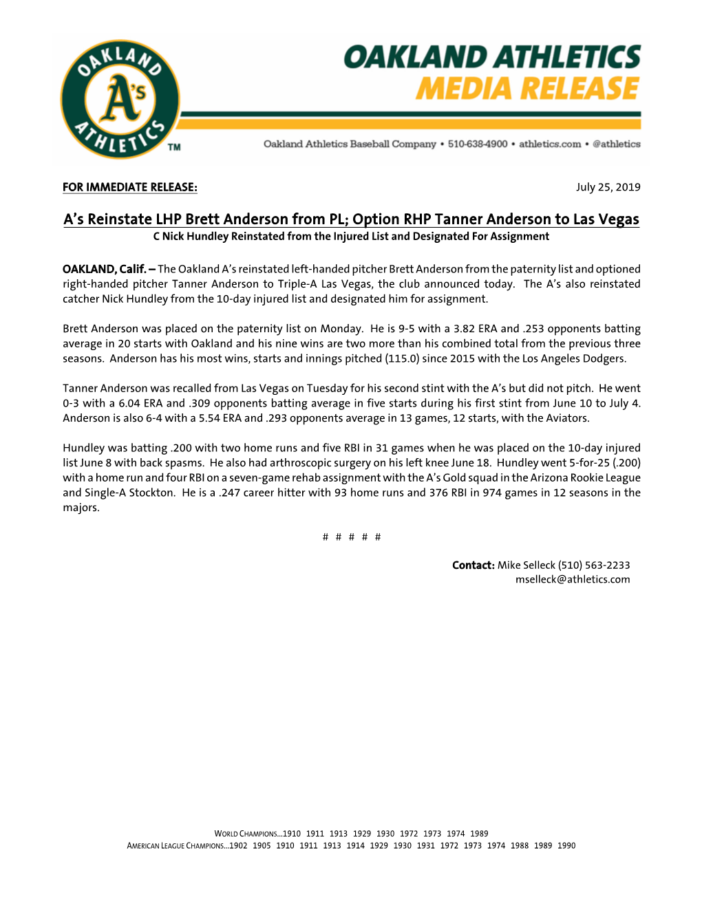 A's Reinstate LHP Brett Anderson from PL