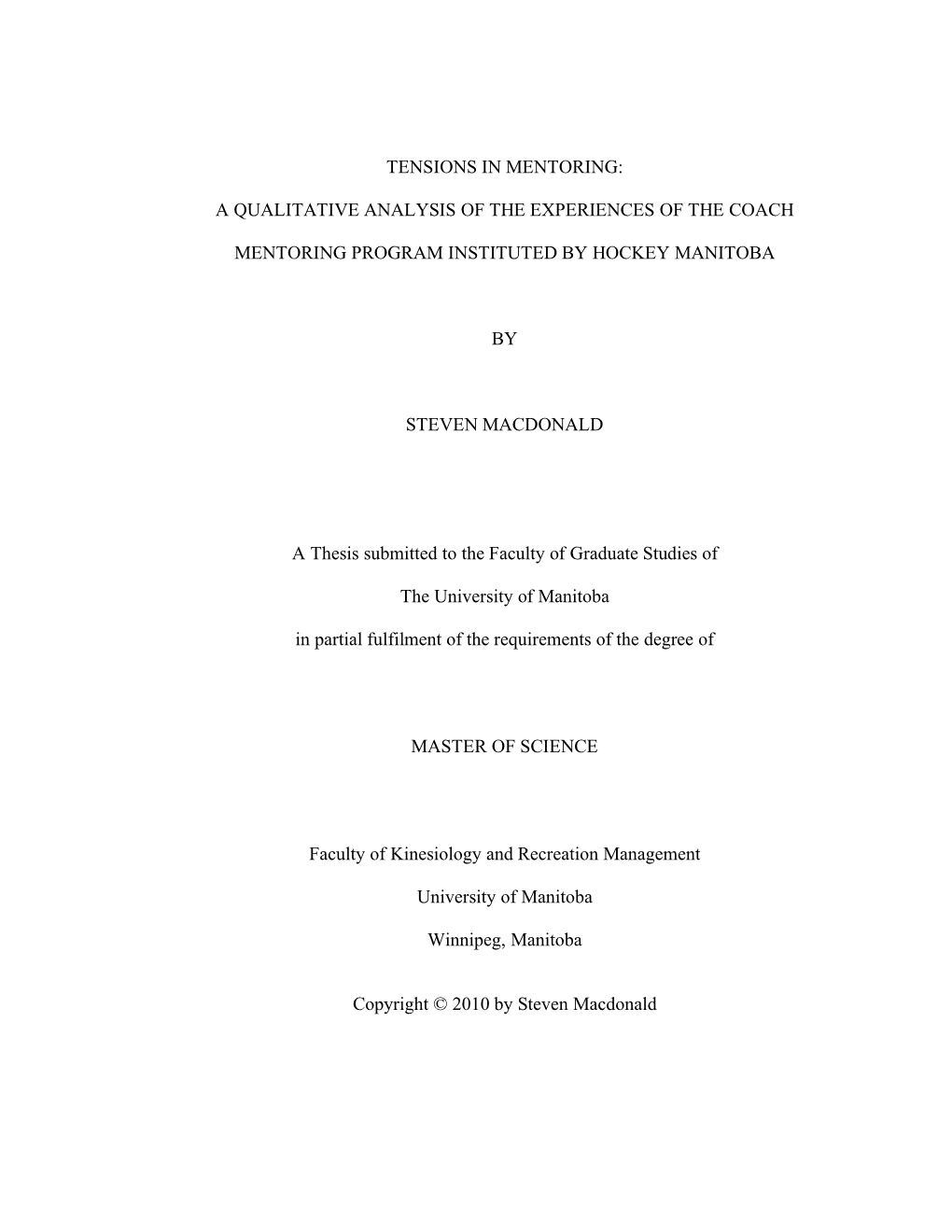 Thesis Submitted to the Faculty of Graduate Studies Of
