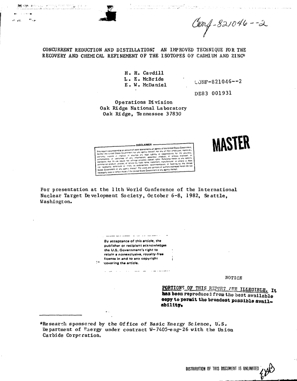 Concurrent Reduction and Distillation; an Improved Technique for the Recovery and Chemical Refinement of the Isotopes of Cadmium and Zinc*