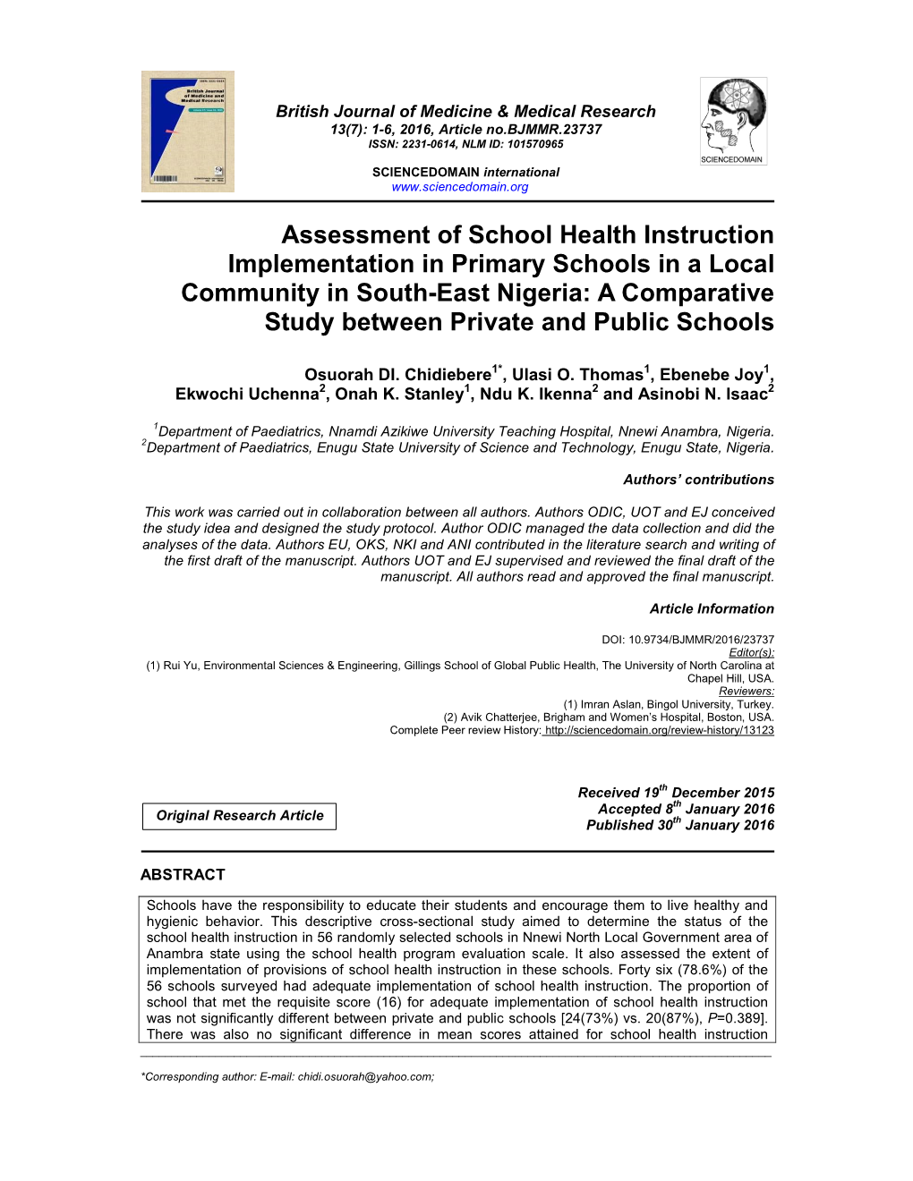 Assessment of School Health Instruction Implementation In