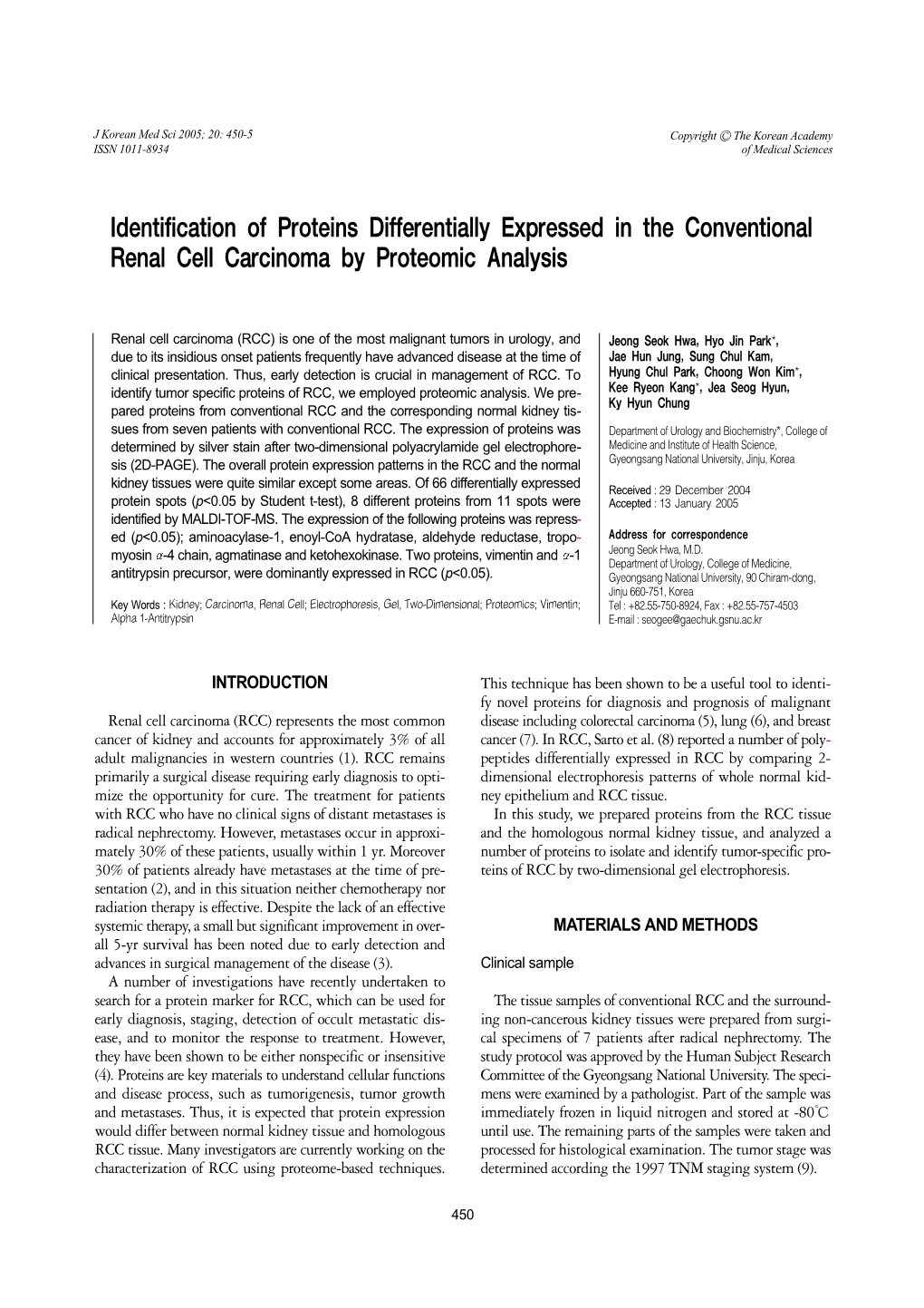 Identification of Proteins Differentially Expressed in the Conventional Renal Cell Carcinoma by Proteomic Analysis