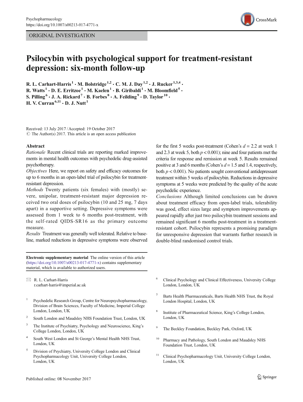 Psilocybin with Psychological Support for Treatment-Resistant Depression: Six-Month Follow-Up