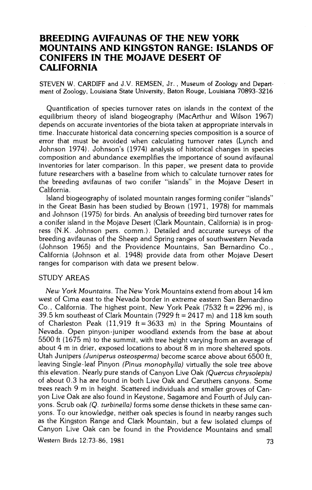 Breeding Avifaunas of the New York Mountains and Kingston Range: Islands of Conifers in the Mojave Desert of California