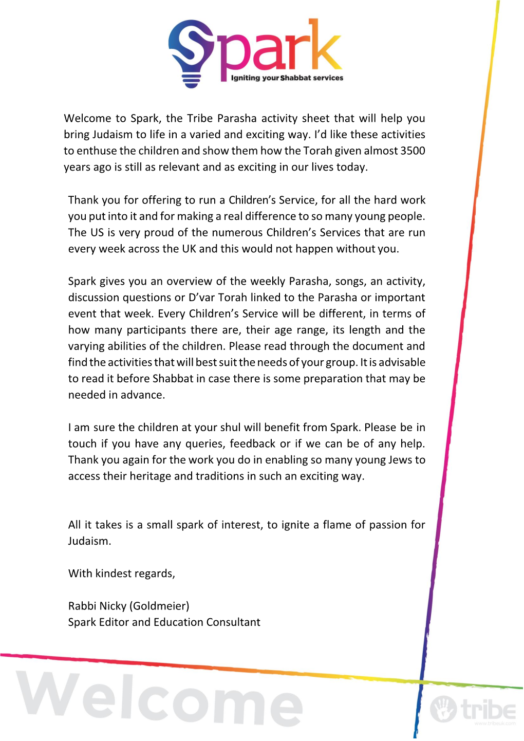 Welcome to Spark, the Tribe Parasha Activity Sheet That Will Help You Bring Judaism to Life in a Varied and Exciting Way