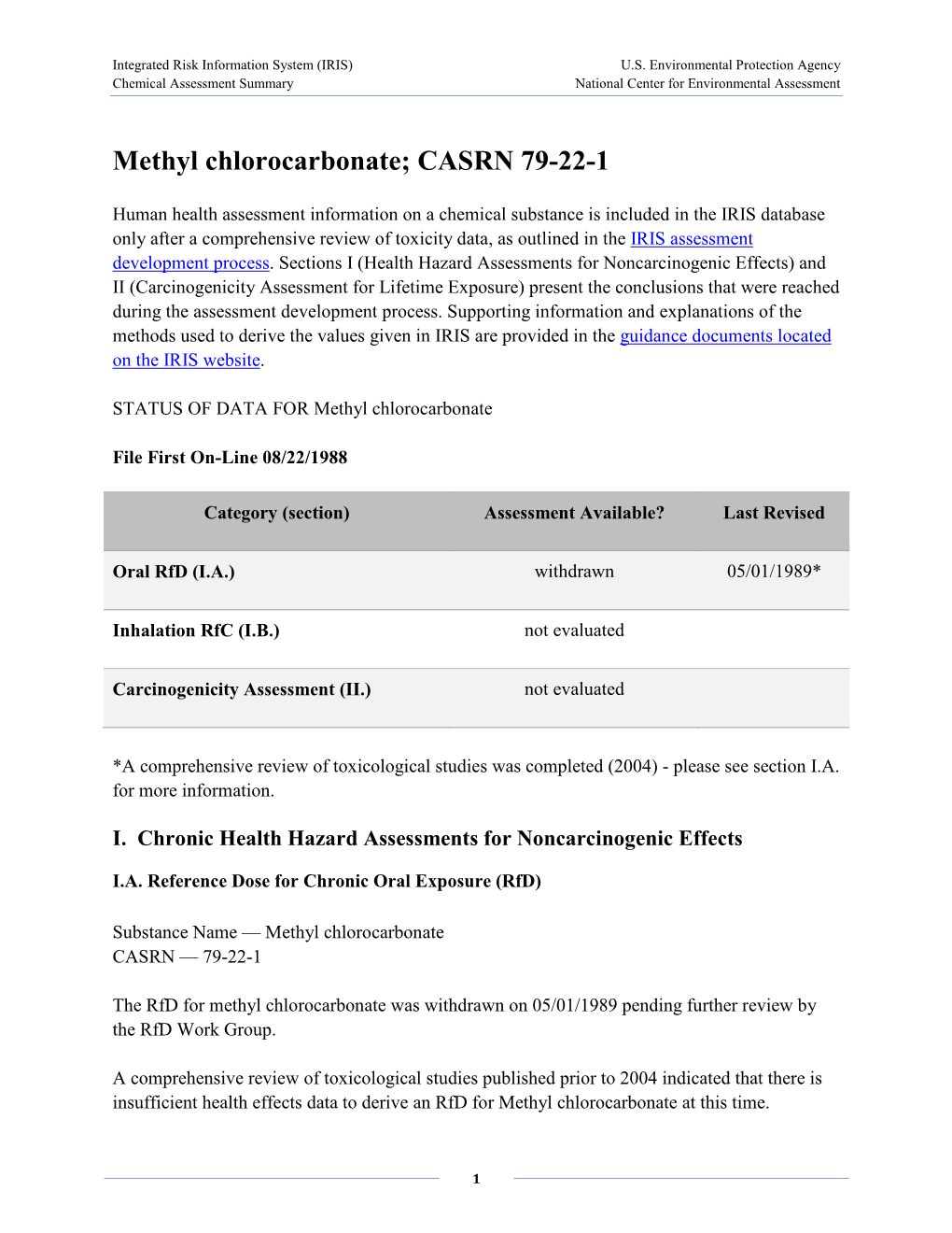 Methyl Chlorocarbonate; CASRN 79-22-1