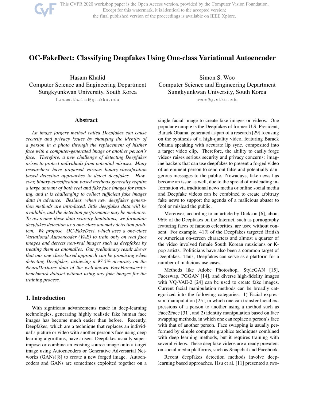 OC-Fakedect: Classifying Deepfakes Using One-Class Variational Autoencoder