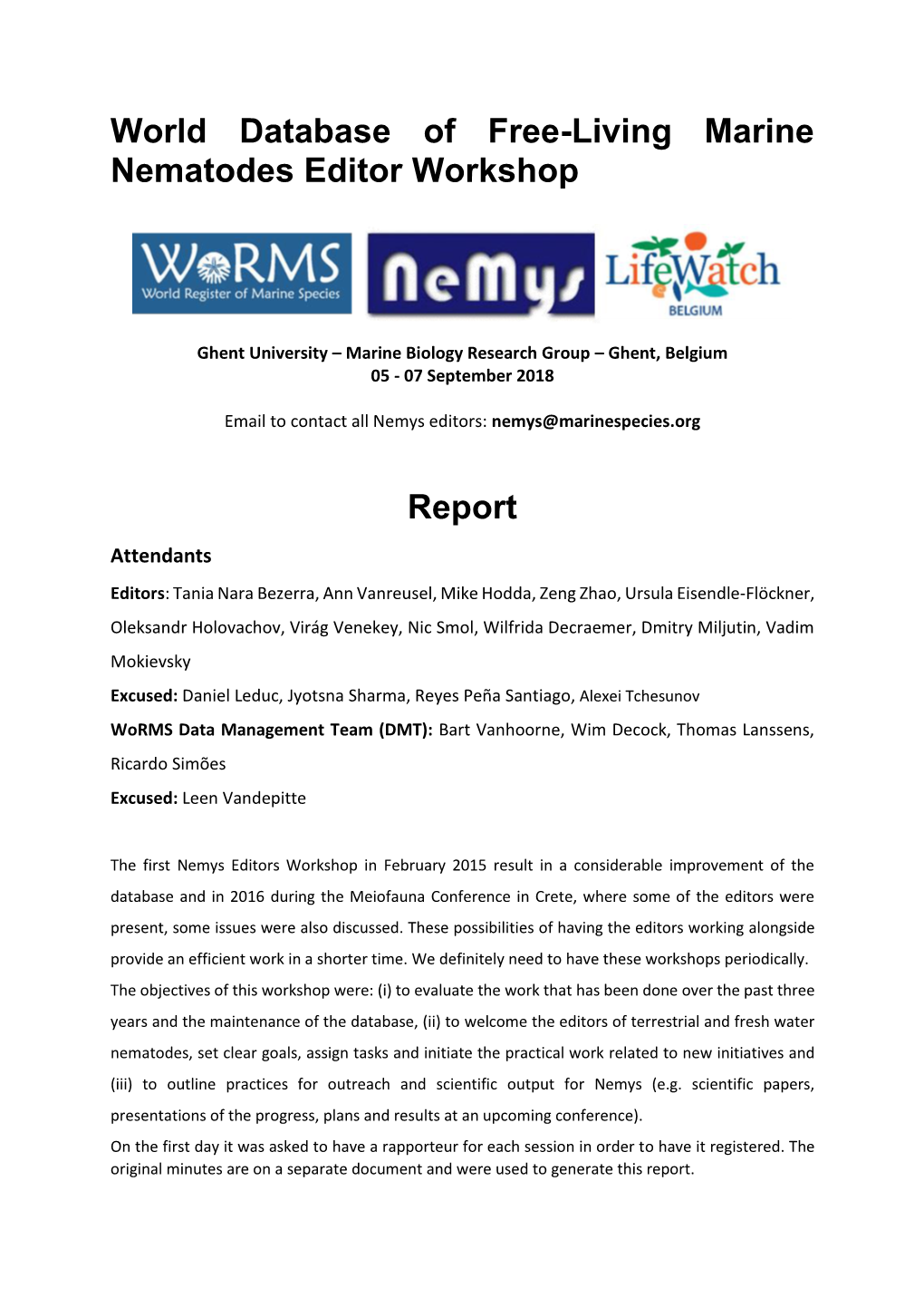 World Database of Free-Living Marine Nematodes Editor Workshop Report