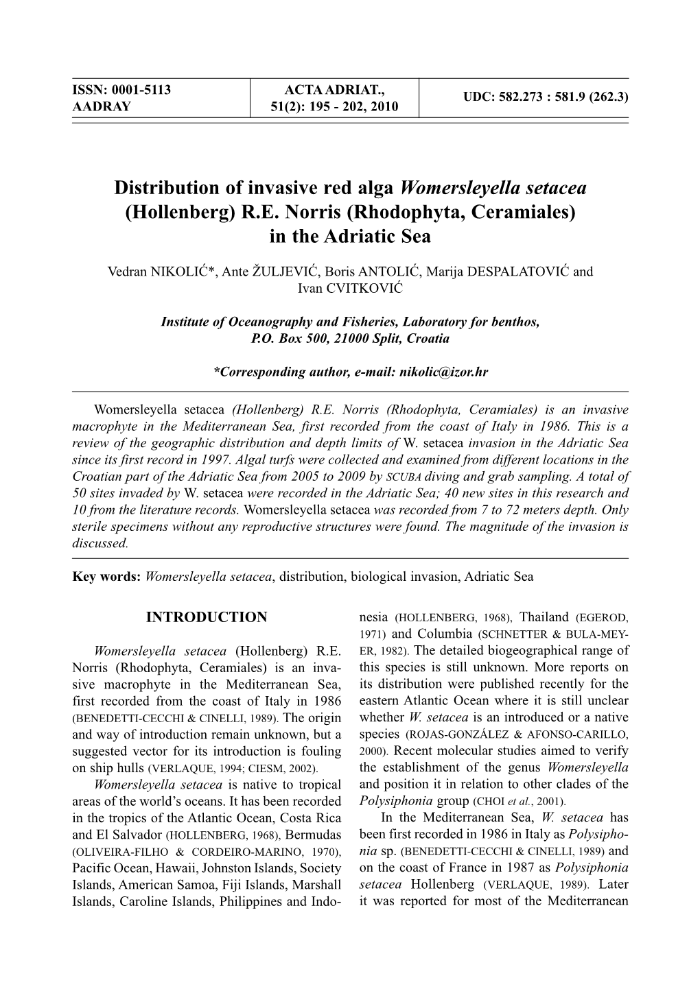 Distribution of Invasive Red Alga Womersleyella Setacea (Hollenberg) R.E