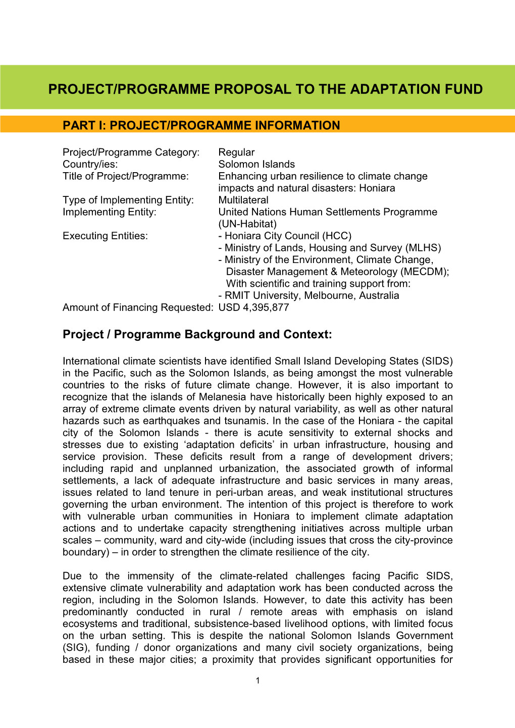 Project/Programme Proposal to the Adaptation Fund