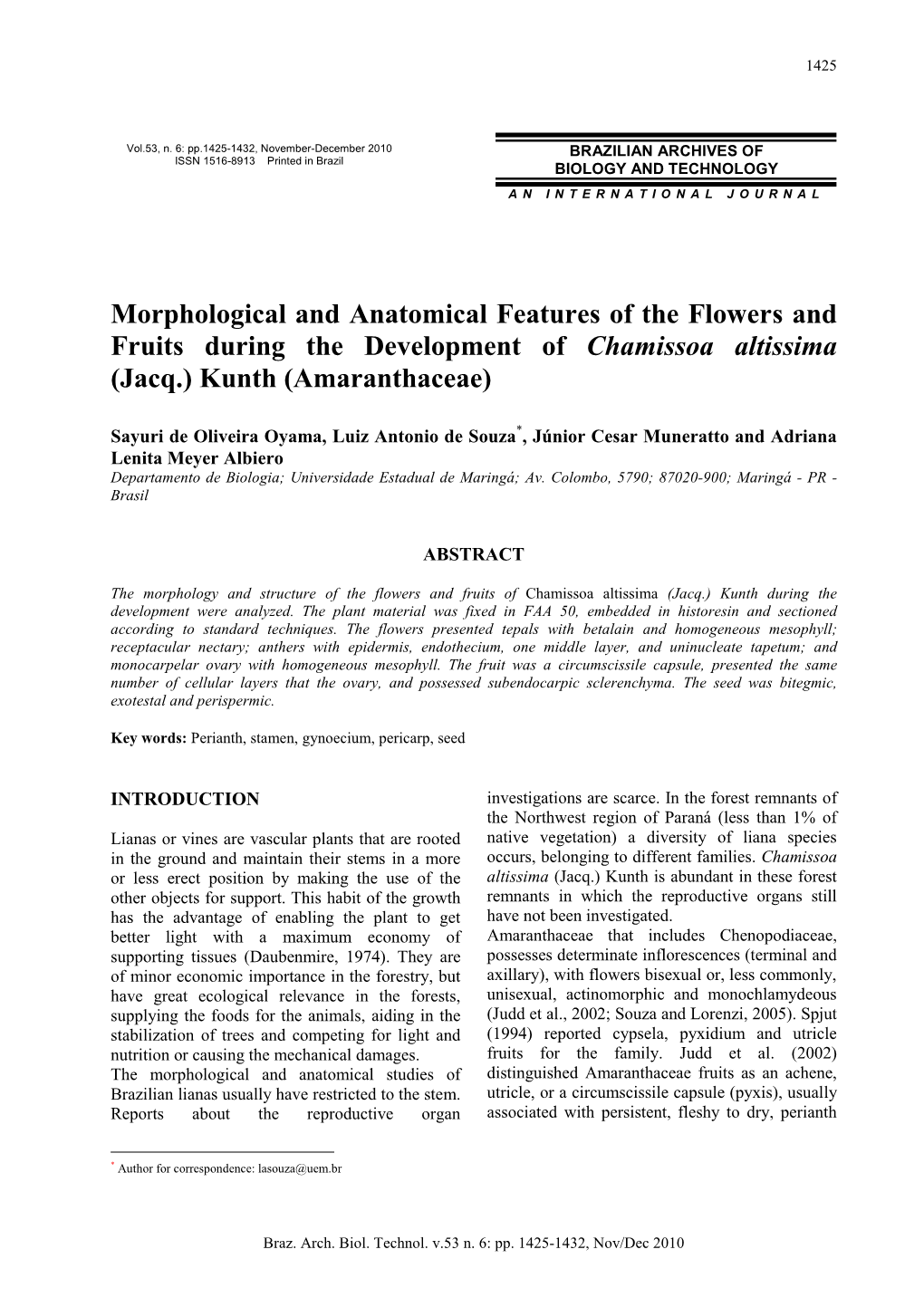 Morphological and Anatomical Features of the Flowers and Fruits During the Development of Chamissoa Altissima (Jacq.) Kunth (Amaranthaceae)