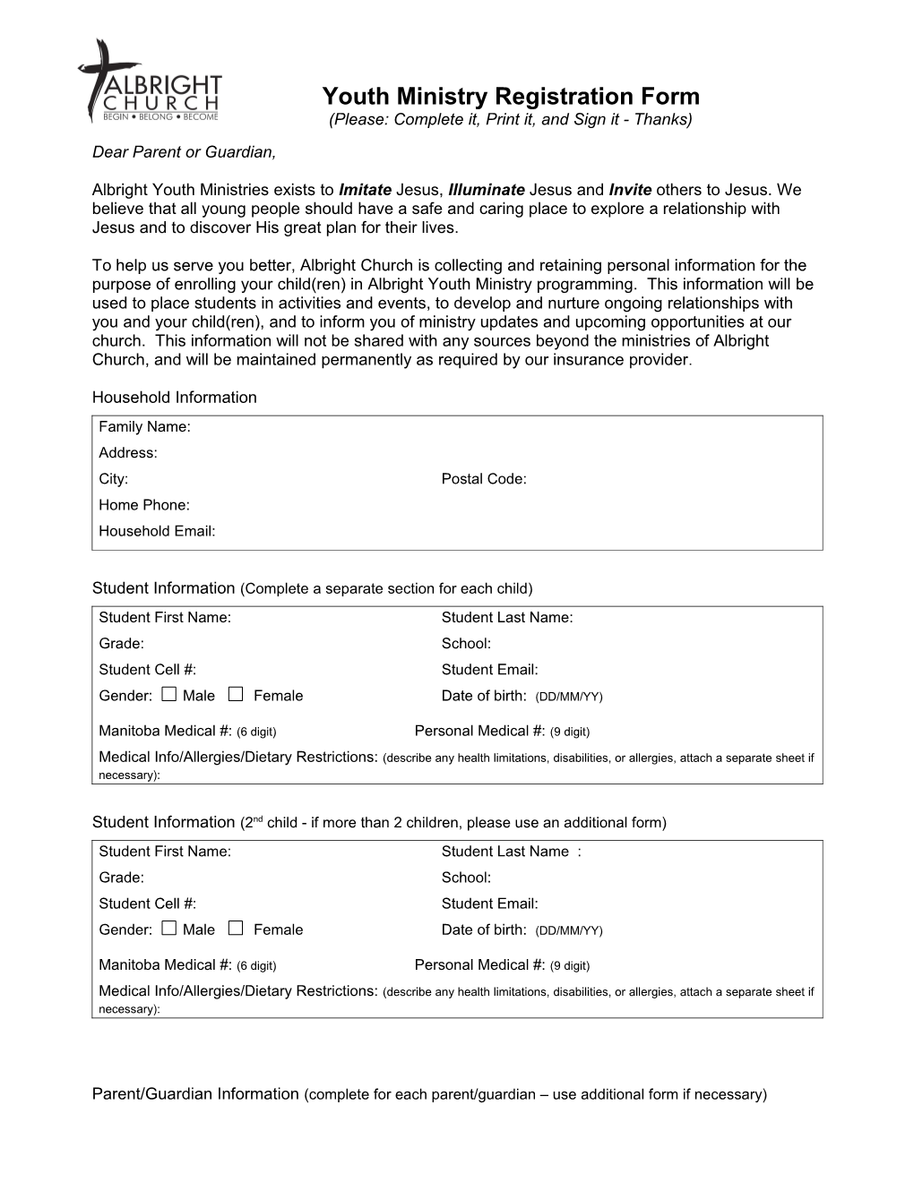 Youth Ministry Registration Form