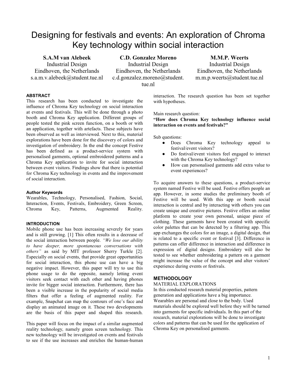 An Exploration of Chroma Key Technology Within Social Interaction S.A.M Van Alebeek C.D