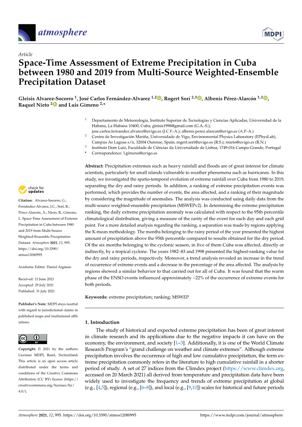 Space-Time Assessment of Extreme Precipitation in Cuba Between 1980 and 2019 from Multi-Source Weighted-Ensemble Precipitation Dataset