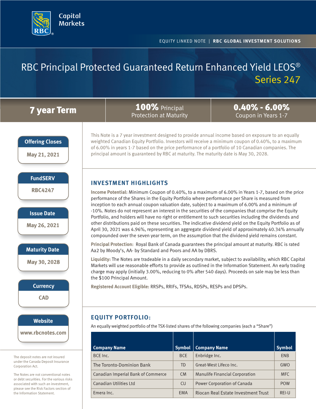 RBC Principal Protected Guaranteed Return Enhanced Yield LEOS® Series 247