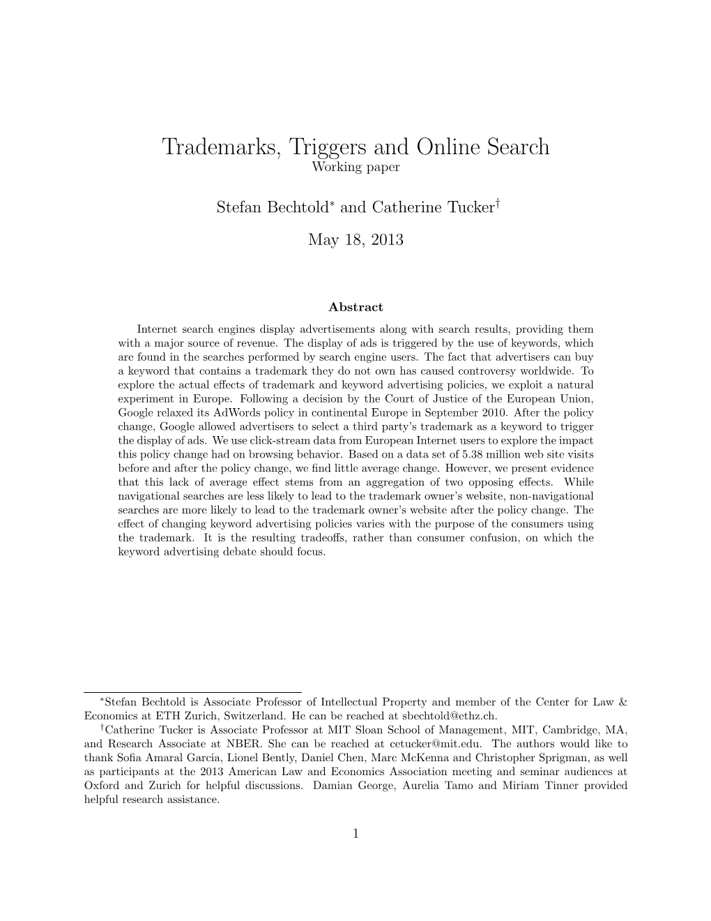 Trademarks, Triggers and Online Search Working Paper