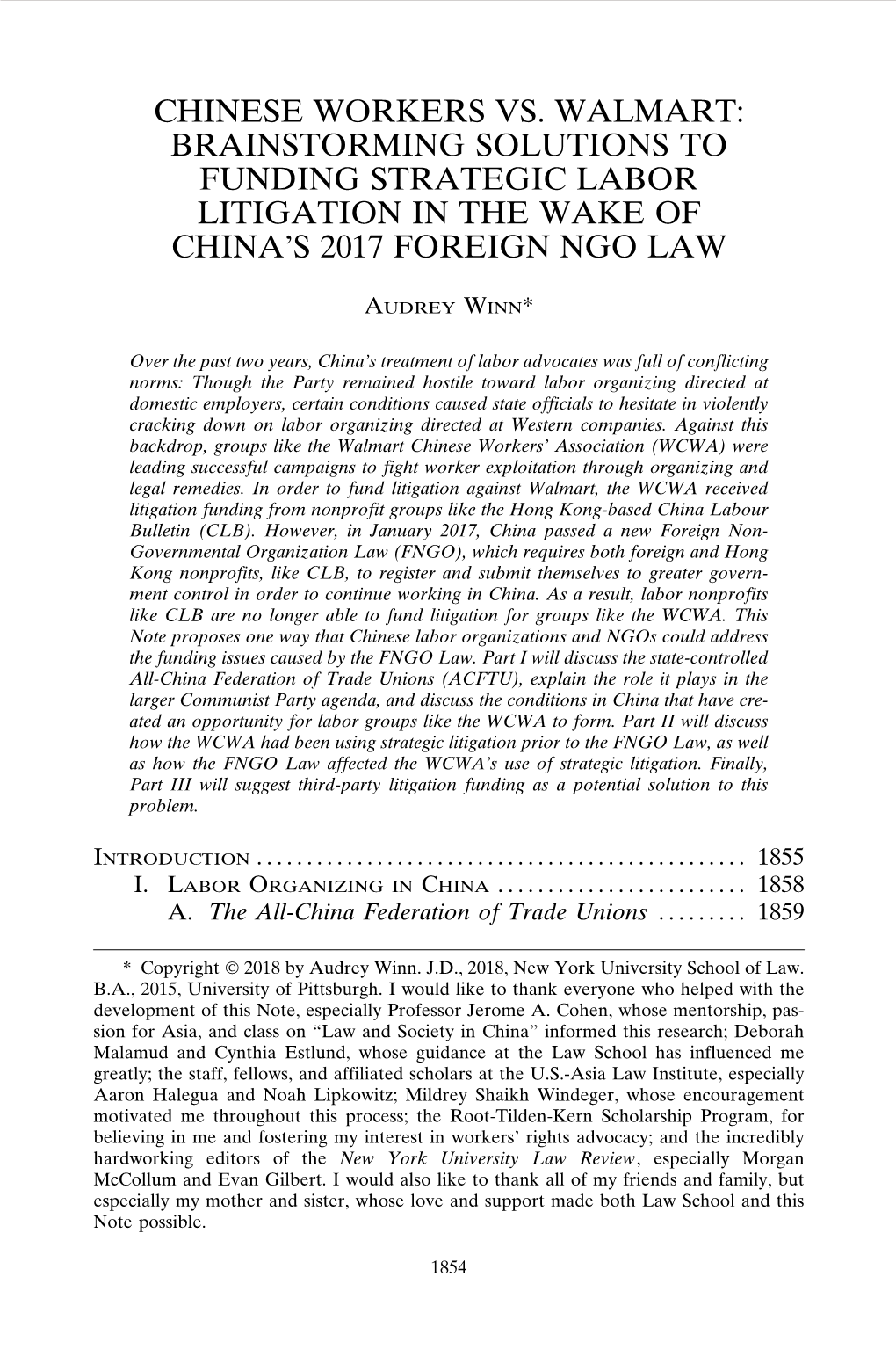 Chinese Workers Vs. Walmart: Brainstorming Solutions to Funding Strategic Labor Litigation in the Wake of China’S 2017 Foreign Ngo Law