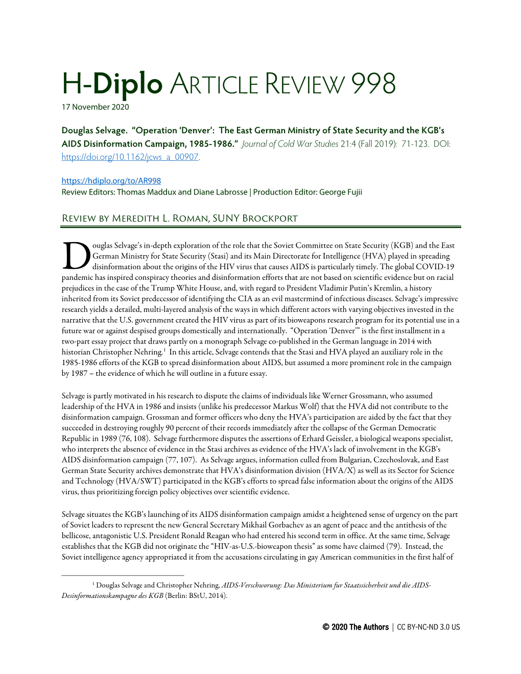 H-Diplo ARTICLE REVIEW 998 17 November 2020