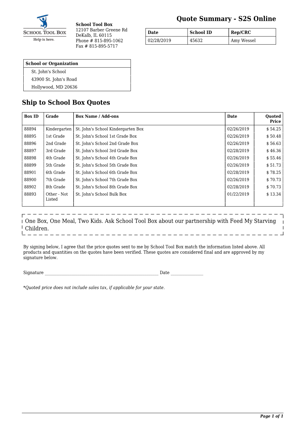 S2S Online Ship to School Box Quotes