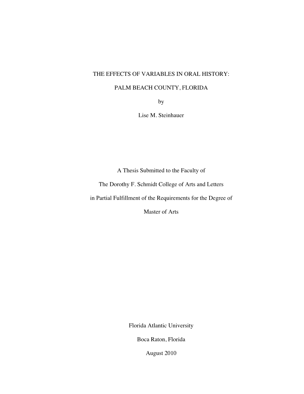 The Effects of Variables in Oral History: Palm Beach County, Florida