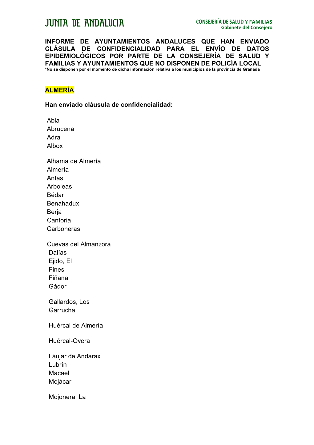 Consejería De Salud Y Familias Informe De Ayuntamientos