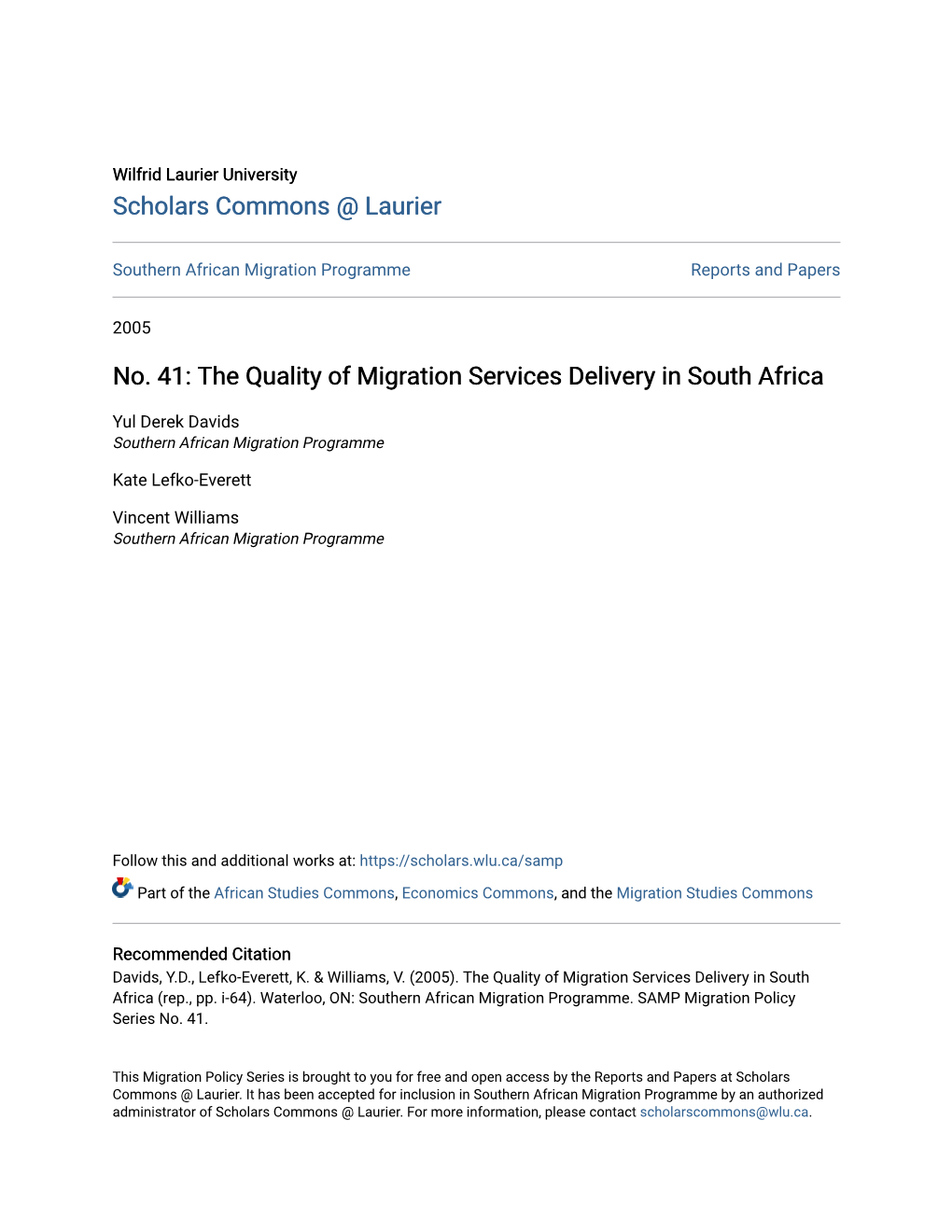 The Quality of Migration Services Delivery in South Africa