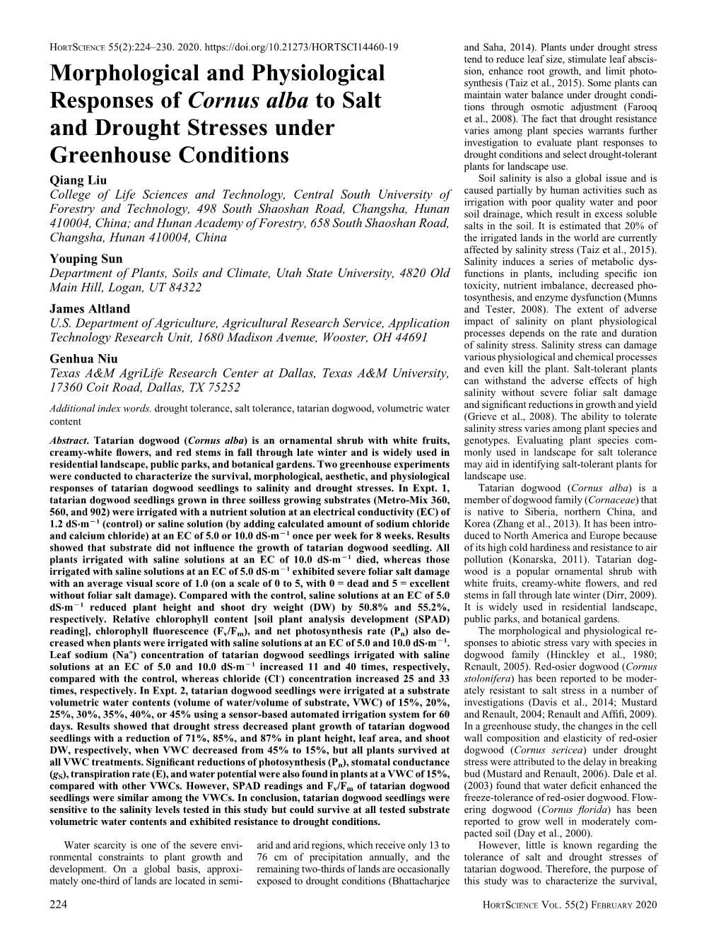 Morphological and Physiological Responses of Cornus Alba to Salt