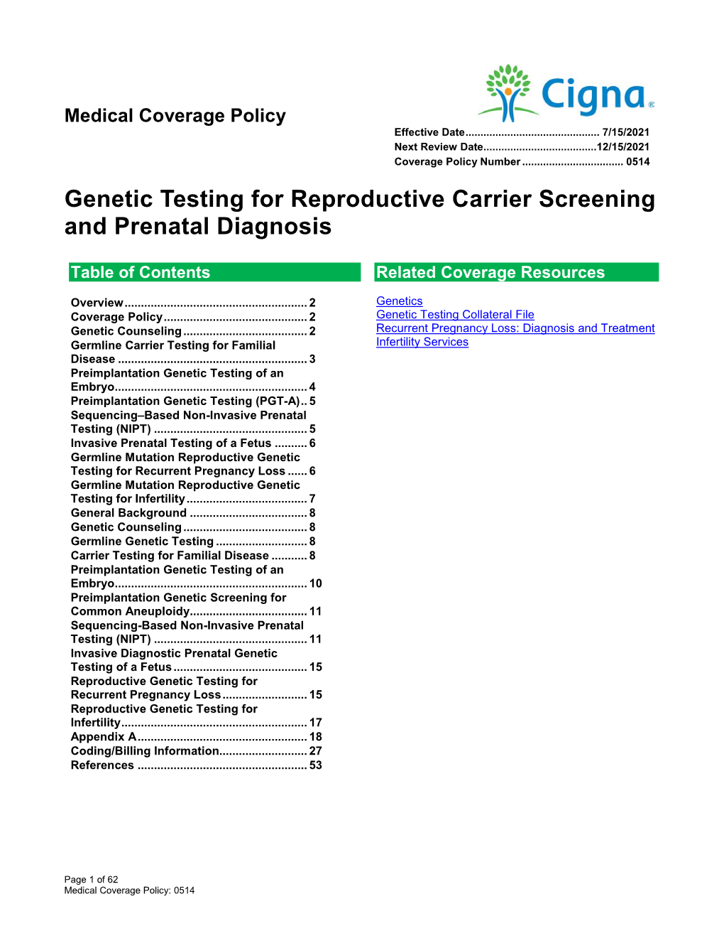 Genetic Testing for Reproductive Carrier Screening and Prenatal Diagnosis