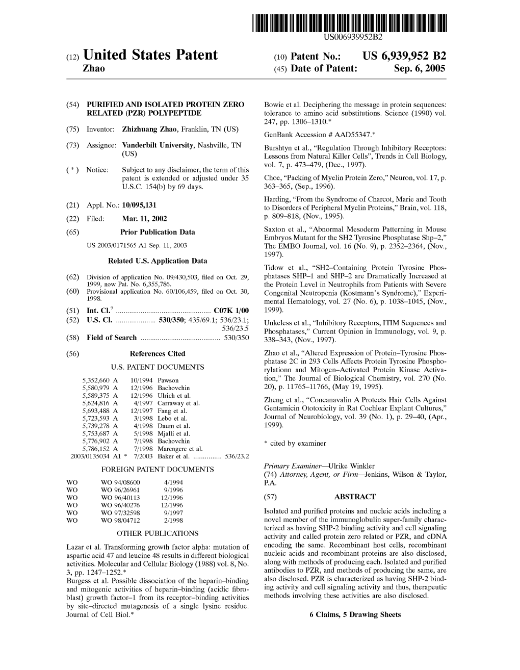 (12) United States Patent (10) Patent No.: US 6,939,952 B2 Zhao (45) Date of Patent: Sep