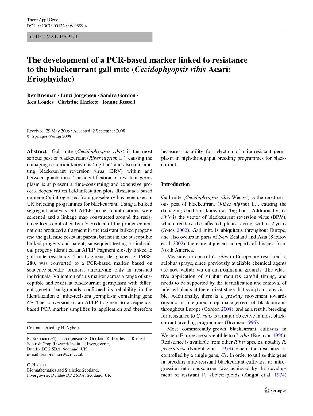 The Development of a PCR-Based Marker Linked to Resistance to the Blackcurrant Gall Mite (Cecidophyopsis Ribis Acari: Eriophyidae)