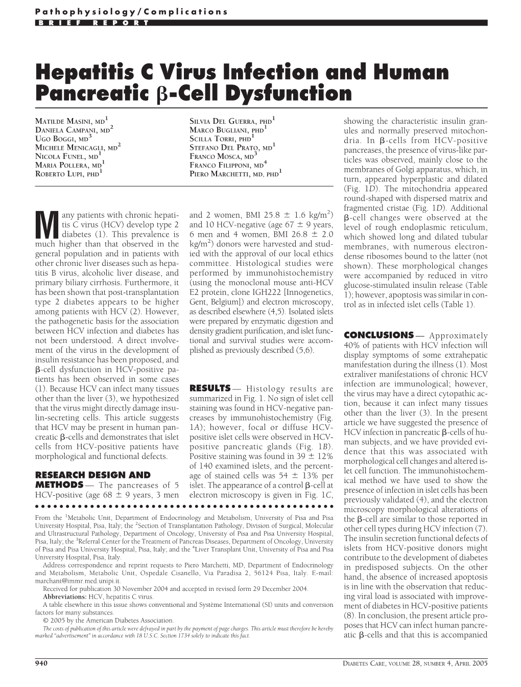 Hepatitis C Virus Infection and Human Pancreatic ß-Cell Dysfunction