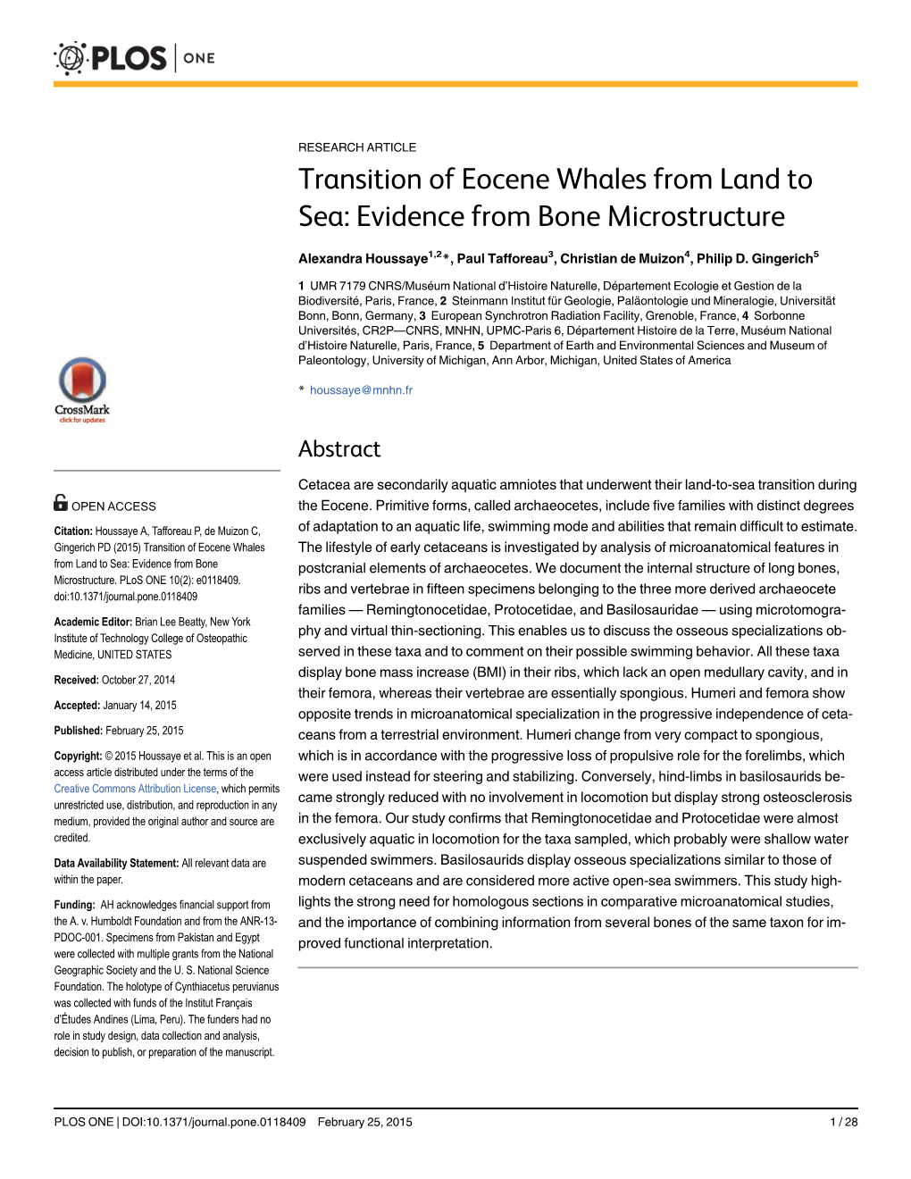 Transition of Eocene Whales from Land to Sea: Evidence from Bone Microstructure