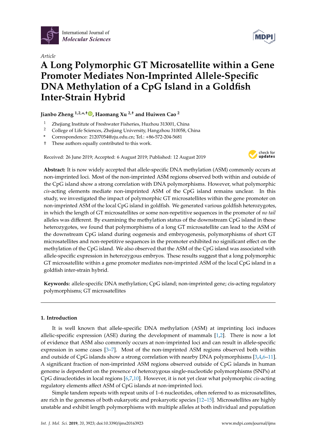 A Long Polymorphic GT Microsatellite Within a Gene Promoter Mediates Non-Imprinted Allele-Speciﬁc DNA Methylation of a Cpg Island in a Goldﬁsh Inter-Strain Hybrid