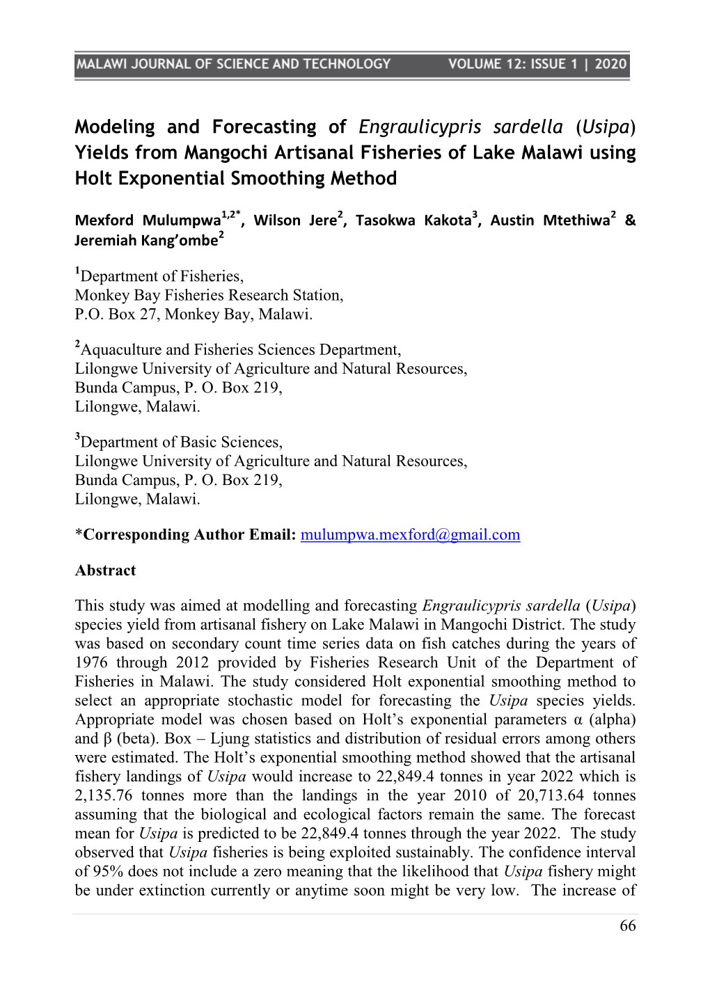 Modeling and Forecasting of Engraulicypris Sardella (Usipa) Yields from Mangochi Artisanal Fisheries of Lake Malawi Using Holt Exponential Smoothing Method