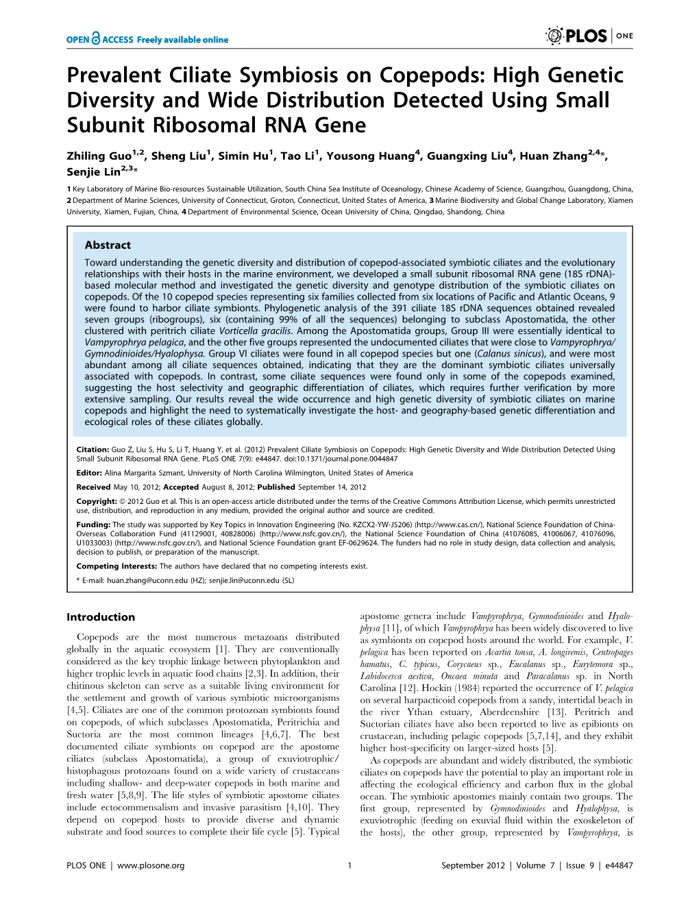 Prevalent Ciliate Symbiosis on Copepods: High Genetic Diversity and Wide Distribution Detected Using Small Subunit Ribosomal RNA Gene