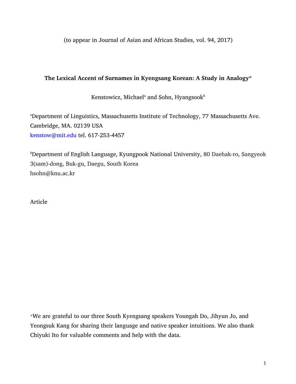 The Lexical Accent of Surnames in Kyengsang Korean: a Study in Analogy*