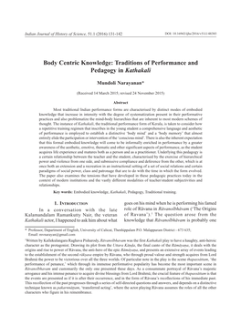 Body Centric Knowledge: Traditions of Performance and Pedagogy in Kathakali