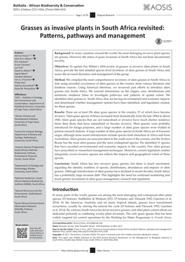 Grasses As Invasive Plants in South Africa Revisited: Patterns, Pathways and Management