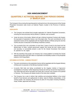 Quarterly Activities Report for Period Ending 31 March 2020