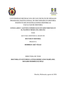 Universidad Michoacana De San Nicolás De Hidalgo Programa Institucional De Doctorado En Historia Instituto De Investigaciones Históricas Facultad De Historia