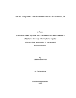 Well and Spring Water Quality Assessment in the Pike Run Watershed, PA