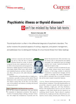 Psychiatric Illness Or Thyroid Disease? D On’T Be Misled by False Lab Tests