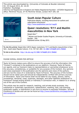 South Asian Popular Culture Queer Resolutions: 9/11 and Muslim Masculinities in New York