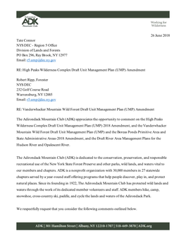 26 June 2018 Tate Connor NYS DEC - Region 5 Office Division of Lands and Forests PO Box 296, Ray Brook, NY 12977 Email: R5.Ump@Dec.Ny.Gov