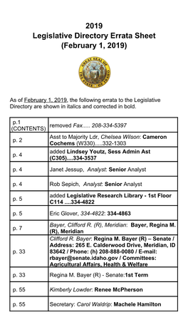 Legislative Directory Errata Sheet (February 1, 2019)