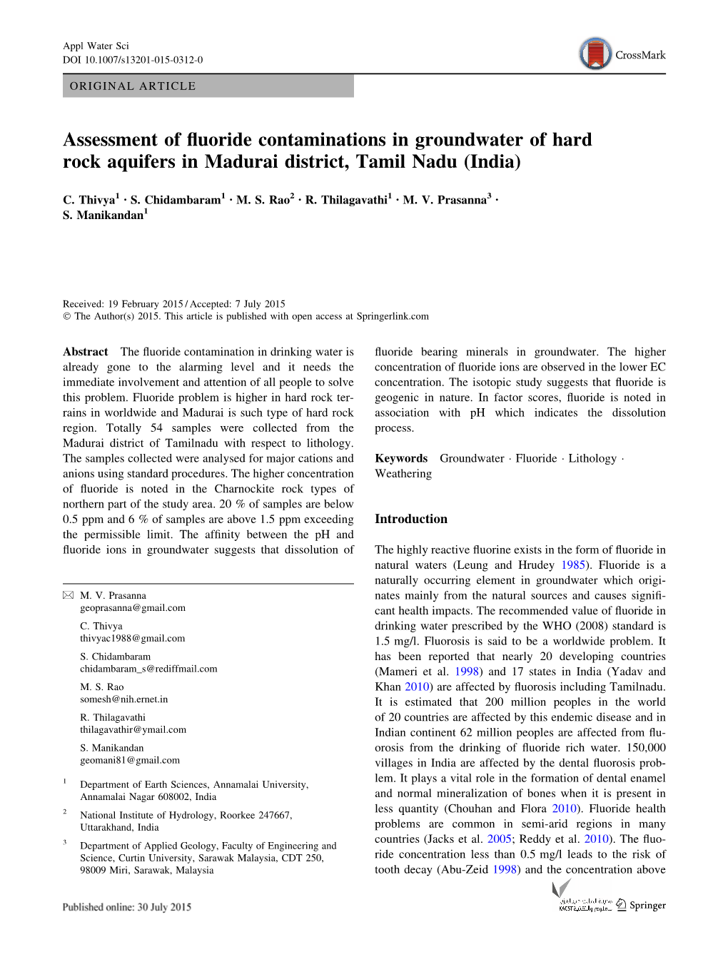 Assessment of Fluoride Contaminations in Groundwater of Hard Rock