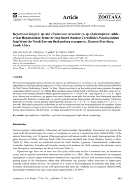 Hepatozoon Langii N. Sp. and Hepatozoon Vacuolatus N. Sp