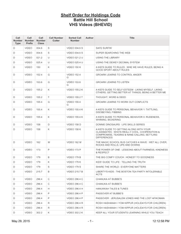 Shelf Order for Holdings Code Battle Hill School VHS Videos (BHEVID)