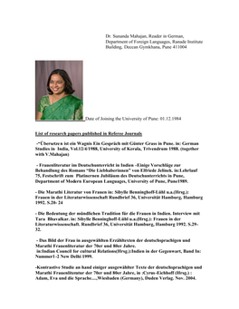 Dr. Sunanda Mahajan, Reader in German, Department of Foreign Languages, Ranade Institute Building, Deccan Gymkhana, Pune 411004